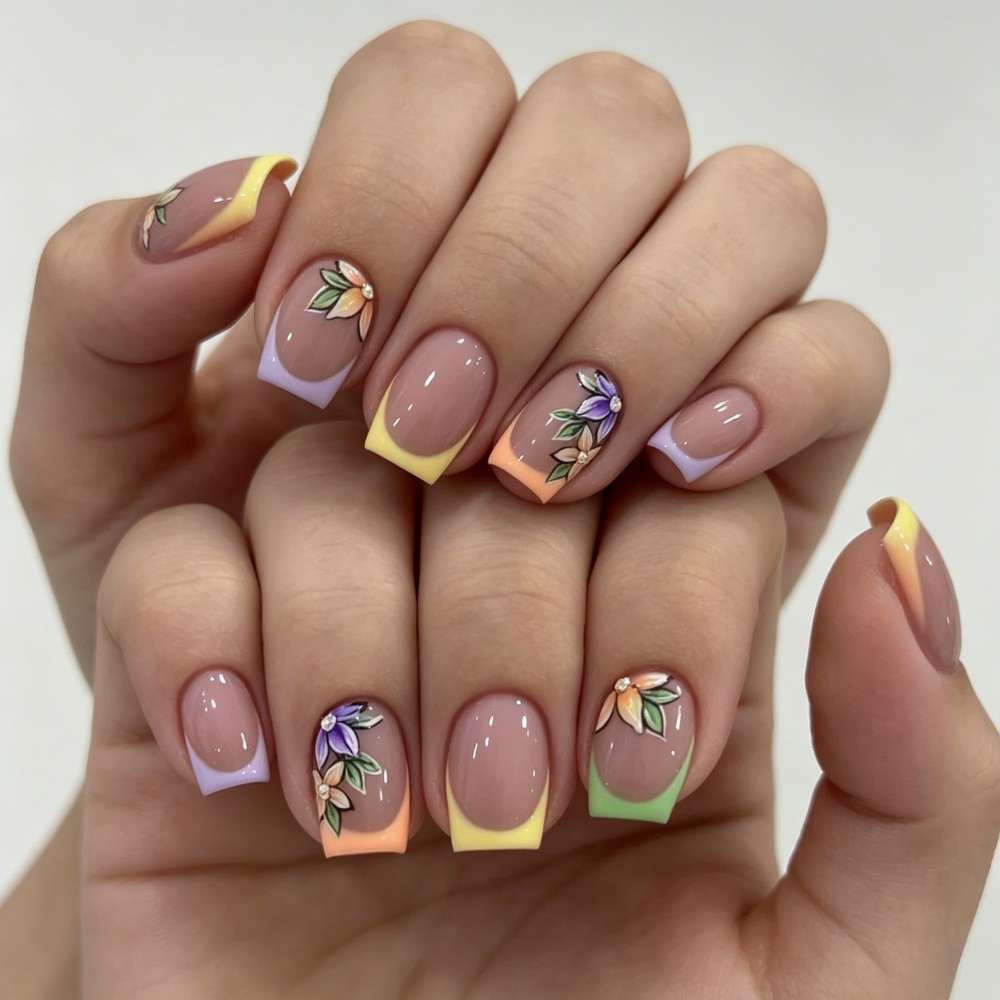 Pressed Flower Art - 24 szt. Różowe Kwiatowe Francuskie Tipsy