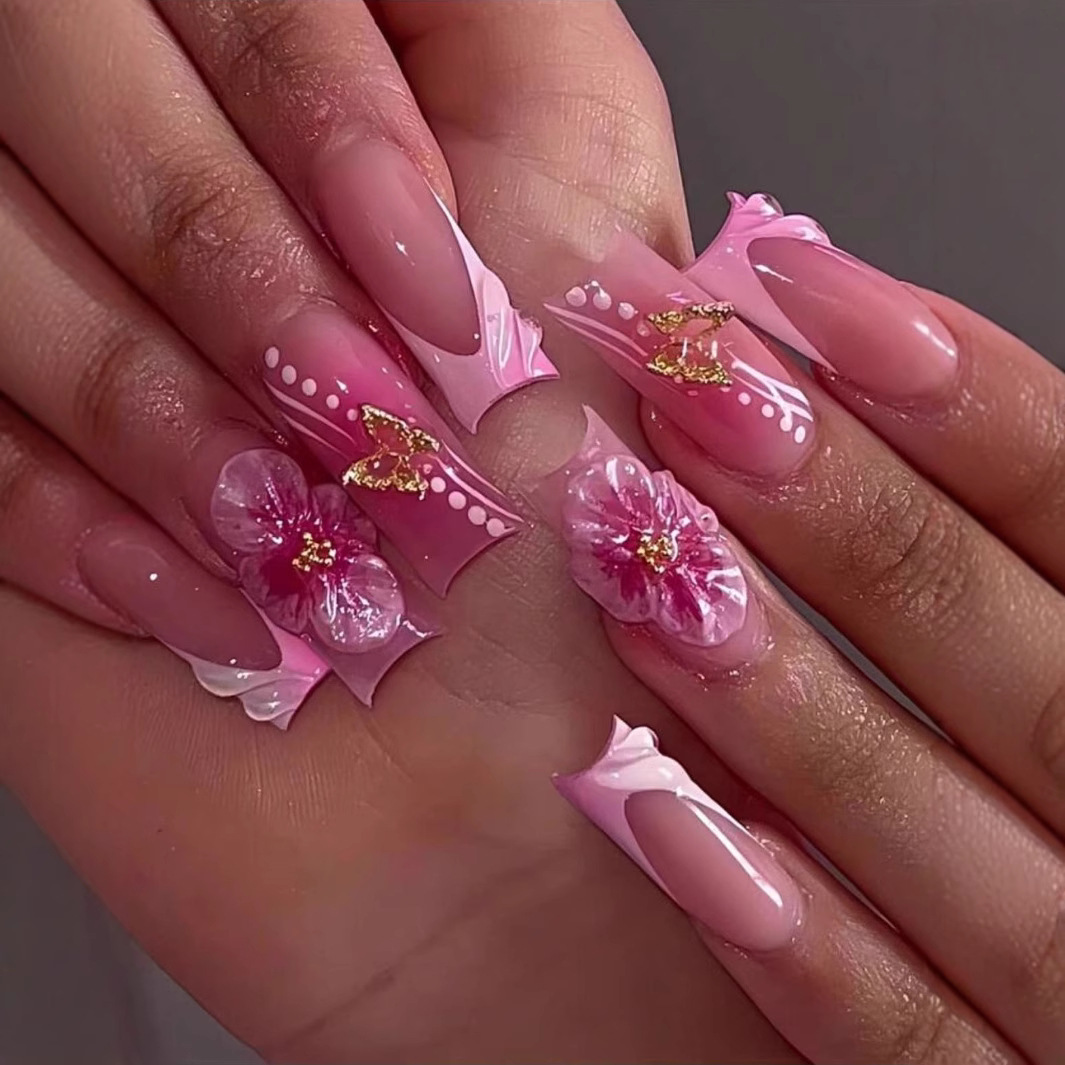 Pressed Flower Art - 24 szt. Kwadratowe, naklejane paznokcie, letni,